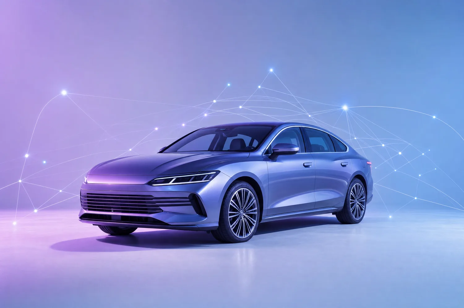 A modern saloon car with indigo data connections, representing a secure connected fleet